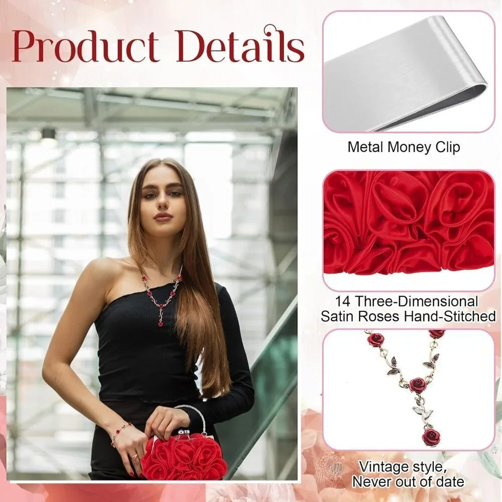 Women Rose Clutch Purse Jewelry Set Satin Evening Handbag Accessories Gift